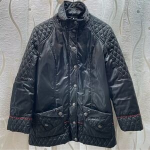 Orly Quilted Puffer‎ Jacket Womens Black Excellent Braided Trim Silver Buttons